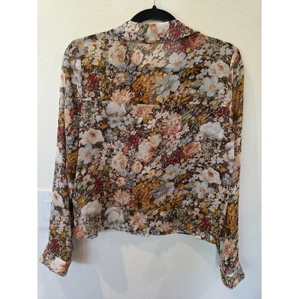 T Tahari Brown Floral Blouse Sz S Sheer Long Sleeve Spring Luxury Fairycore - Picture 5 of 5